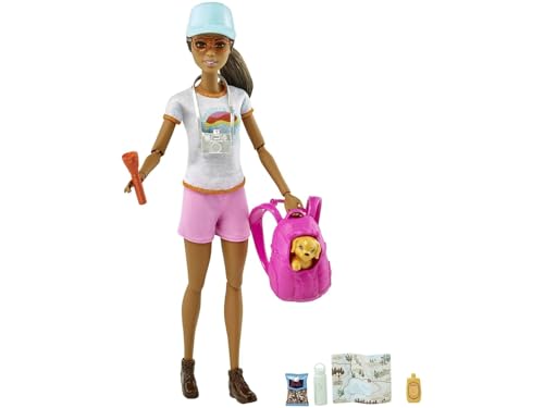 Barbie-Puppe, Wander, Wander-Set, Zubehör, Hut, Sonnenbrille, Taschenlampe, Karte, Fotoapparat, Welpe, inkl Puppe, Geschenk für Kinder, Spielzeug ab 3 Jahre,HNC39 von Barbie