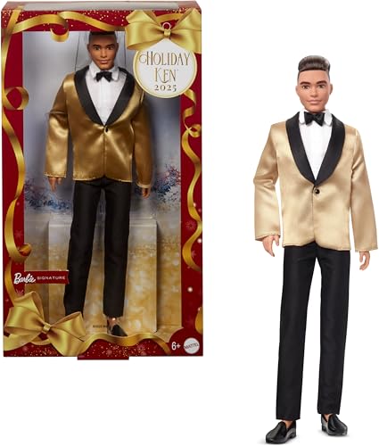 Barbie Signature 2025 Holiday Light Brown Hair Ken Collectible Fashion Doll Wearing Full Suit with Golden Jacket in Displayable Packaging & Doll Stand von Barbie