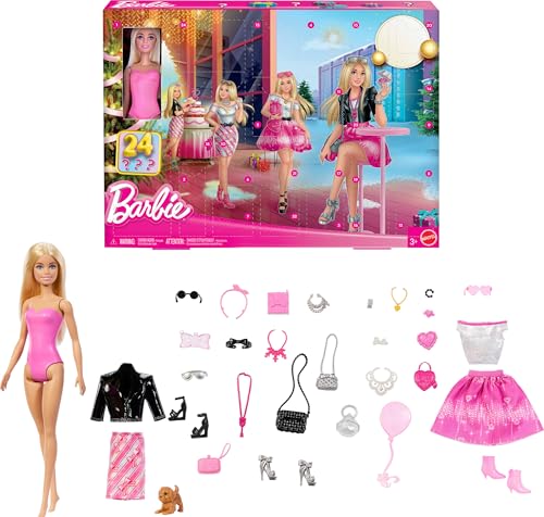 Barbie-Puppe Adventskalender mit 24 Kleidungsstücken und Accessoires, einschließlich Jacke, Rock, Schuhe, Handtaschen sowie EIN Hündchen und eine Blonde Puppe, JFL63 von Barbie
