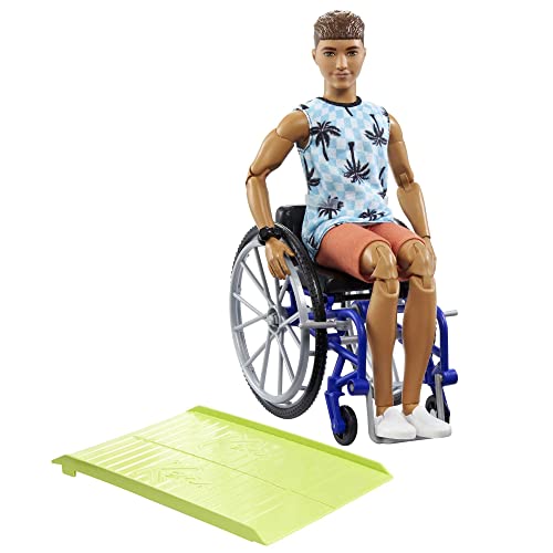Barbie-Puppe Fashionista, Puppe Ken im Rollstuhl mit braunen Haaren, Strandhemd, orangefarbene Shorts, Rollstuhl und Rampe, inkl Puppe Ken, als Geschenk geeignet, HJT59 von Barbie