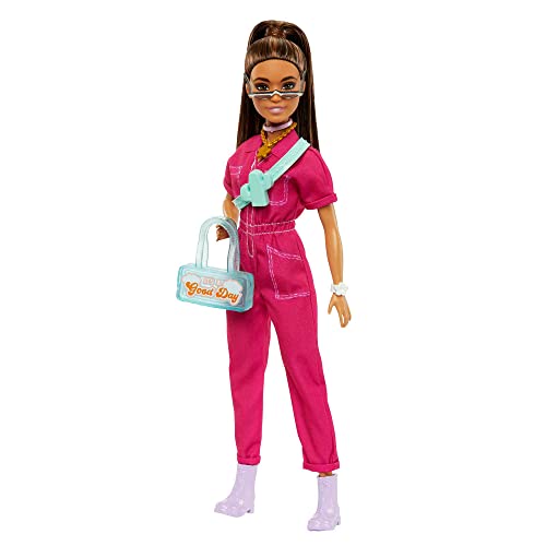 Barbie Fashionista - Puppe in pinkem Jumpsuit mit Accessoires und Welpen für Styling-Spaß und Geschichtenerzählen, braune Haare mit Pony, für Kinder ab 3 Jahren, HPL76 von Barbie