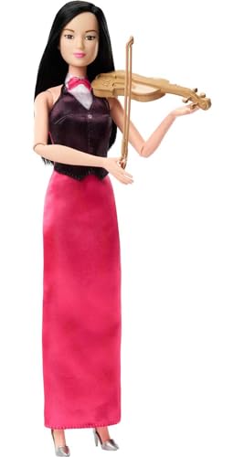 Barbie Karriere Geigerin - Puppe mit beweglichen Schultern und Ellbogen, Elegantes Kleid mit Smoking-Weste und Silberne Schuhe, inklusive Geige und Bogen, für aufstrebende Musiker ab 3 Jahren, HKT68 von Barbie
