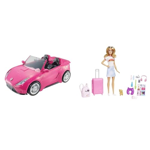 Barbie-Puppe und Auto, Auto in glänzendem Pink, Cabrio-Auto & Malibu - Koffer, Rucksack, Hündchen und mehr als 10 Accessoires von Barbie