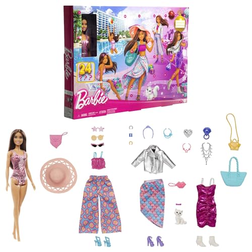 Barbie-Puppe und Mode-Adventskalender, 24 Kleidungsstücke und Accessoires wie Badeanzug, Kleid, Hut oder Kätzchen als Überraschungszubehör, HKB09 von Barbie
