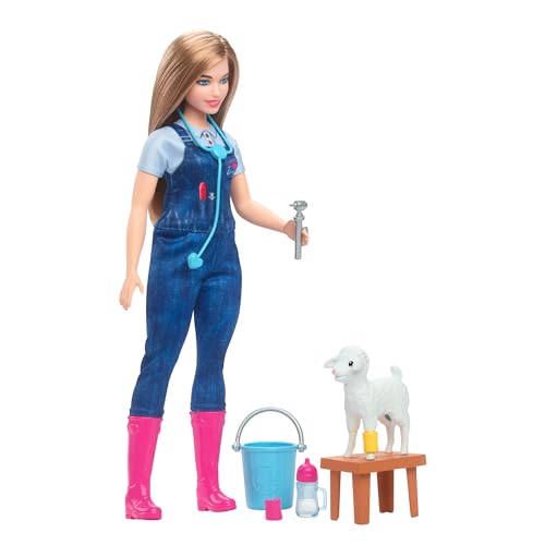 Barbie-Puppe zum 65. Jubiläum und 10 Zubehörteile, Hoftierärztin-Set mit Blonder Tierärztin-Puppe, Lamm mit bewegbaren Ohren und mehr, HRG42 von Barbie