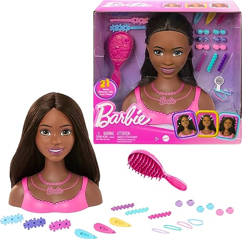 Barbie Puppen-Styling-Kopf, braunes Haar mit 20 bunten Accessoires, Puppenkopf für Haarstyling von Barbie