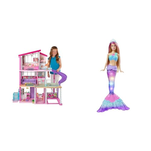 Barbie Puppenhaus, Barbie Traumvilla (ohne Barbie Puppe), komplett möbliert & Dreamtopia Meerjungfrau, Barbie Meerjungfrau mit rosa Haaren von Barbie