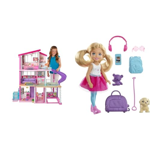 Barbie Puppenhaus & Chelsea Serie, Chelsea Puppe mit Hund, Leine, Rucksack, Kopfhörer, Sonnenbrille, Handy und mehr Barbie Reisezubehör, Geschenk für Kinder, Spielzeug ab 3 Jahre,FWV20 von Barbie
