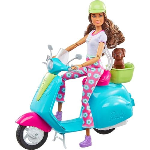 Barbie Fashionistas Puppe und Roller, Reise-Spielset mit Aufklebern, Haustierwelpe und thematischem Zubehör wie Karte und Kamera von Barbie