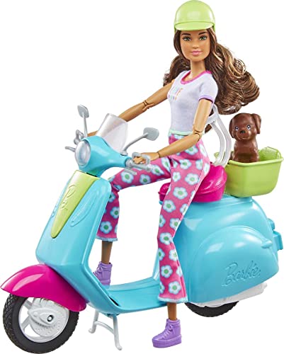 Barbie Fashionistas Puppe und Roller, Reise-Spielset mit Aufklebern, Haustierwelpe und thematischem Zubehör wie Karte und Kamera von Barbie