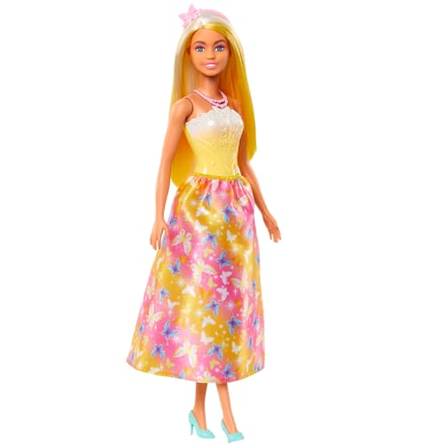 Barbie Royal-Puppe mit fantasievollem Haar mit farbenfrohen Strähnchen, bunten Accessoires, Oberteil in Gelb mit Farbverlauf und Rock mit Schmetterlingsmuster, HRR09 von Barbie