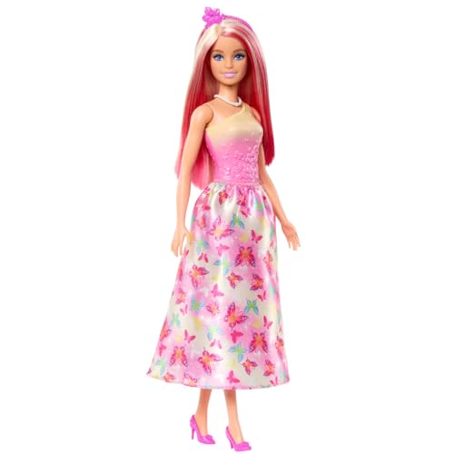 Barbie Royal-Puppe mit fantasievollen Haaren in Blond und Pink, bunten Accessoires, Oberteil in Pink mit Farbverlauf und Rock mit Schmetterlingsmuster, HRR08 von Barbie