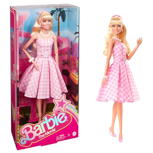 Barbie Puppe, The Movie doll, in rosa weissem Kleid und Gänseblümchen Halskette, Margot Robbie, Sammlerstück, Spielzeug ab 3 Jahre, HPJ96 von Barbie