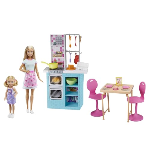 Barbie-Schwestern Backspielset mit Barbie-Puppe & Chelsea-Puppe, Küchenutensilien, Geschirr und über 15Zubehörteilen, Geschenk für Kinder von 3 bis 7Jahren, HBX03 von Barbie