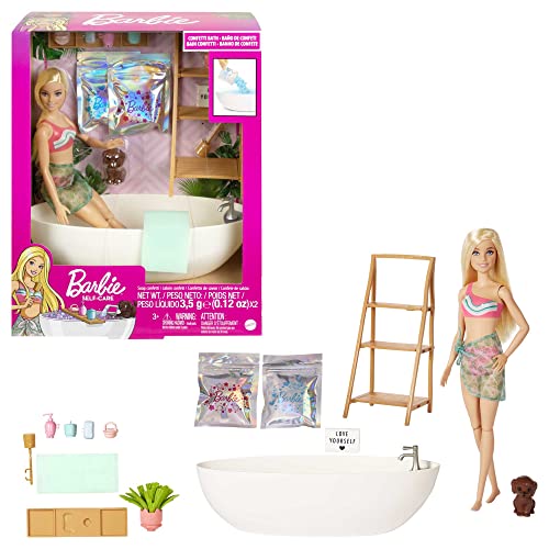 Barbie Self-Care Serie, Konfetti-Bad, Barbie-Puppe mit blonden Haaren, Badeanzug, Welpe,2 Konfetti-Seifenpackungen, Barbie-Accessoires, 1x Barbie-Puppe enthalten, als Geschenk geeignet,HKT92 von Barbie
