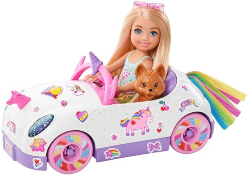 Barbie-Serie Chelsea, Chelsea-Puppe mit Einhorn-Auto, Welpe und Aufklebern, mit Räder, Puppe Chelsea inklusive, Geschenk für Kinder, Spielzeug ab 3 Jahre,GXT41 von Barbie