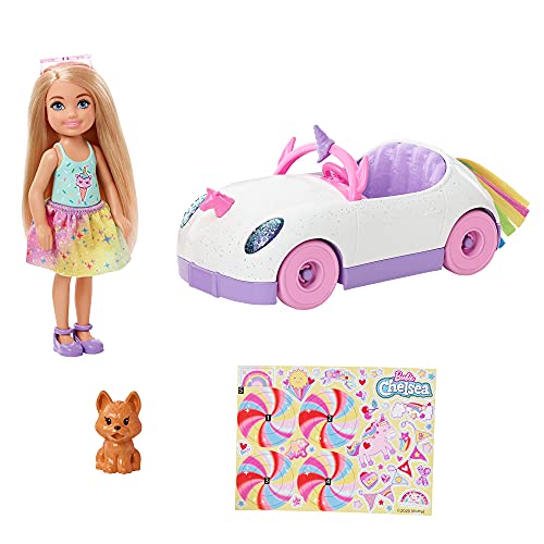 Barbie-Serie Chelsea, Chelsea-Puppe mit Einhorn-Auto, Welpe und Aufklebern, mit Räder, Puppe Chelsea inklusive, Geschenk für Kinder, Spielzeug ab 3 Jahre,GXT41 von Barbie