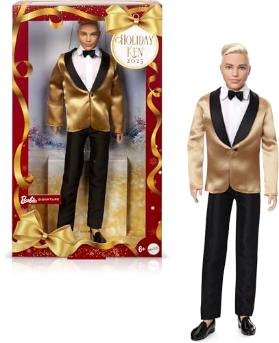 Barbie Signature 2025 Holiday Blonder Ken Modepuppe zum Sammeln in komplettem Anzug mit Goldener Jacke in Einer Verpackung zum Ausstellen und mit Puppenständer, JGK55 Barbie Signature 2025 Holiday Blonder Ken Modepuppe zum Sammeln in komplettem Anzug mit Goldener Jacke in Einer Verpackung zum Ausstellen und mit Puppenständer, JGK55 von Barbie