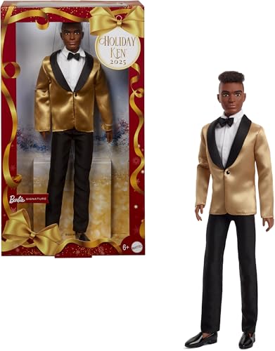 Barbie Signature 2025 Holiday Dark Brown Hair Ken Collectible Fashion Doll Wearing Full Suit with Golden Jacket in Displayable Packaging & Doll Stand Barbie Signature 2025 Holiday Dark Brown Hair Ken Collectible Fashion Doll Wearing Full Suit with Golden Jacket in Displayable Packaging & Doll Stand von Barbie