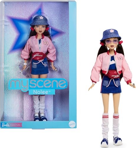 Barbie Signature My Scene Nolee Puppe und Zubehörteile, von der Jahrtausendwende inspiriertes Outfit mit sportlichem Set, kurzer Jacke, Stulpen und Puppenständer, JBH79 von Barbie