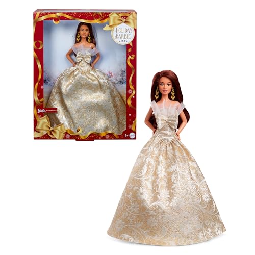 Barbie Signature Puppe, 2025 Holiday, dunkelhaarige Modepuppe mit Kleid in Silber und Gold, saisonale Sammlerpuppe in Einer Verpackung zum Ausstellen und mit Puppenständer, JBJ02 von Barbie