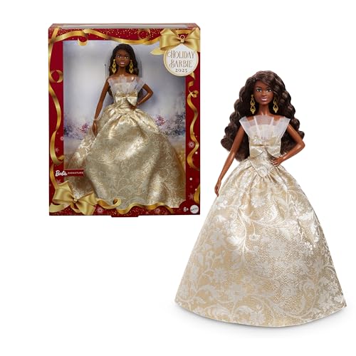 Barbie Signature Puppe, 2025 Holiday, schwarzhaarige Modepuppe mit Kleid in Silber und Gold, saisonale Sammlerpuppe in Einer Verpackung zum Ausstellen und mit Puppenständer, JBJ01 von Barbie