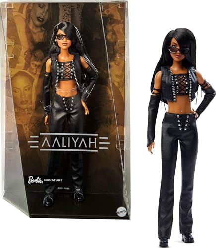 Barbie Signature Puppe, Aaliyah Sammelfigur im schwarzen Kunstleder-Outfit, inspiriert vom Musikvideo zu One in a Million, HRM80 von Barbie