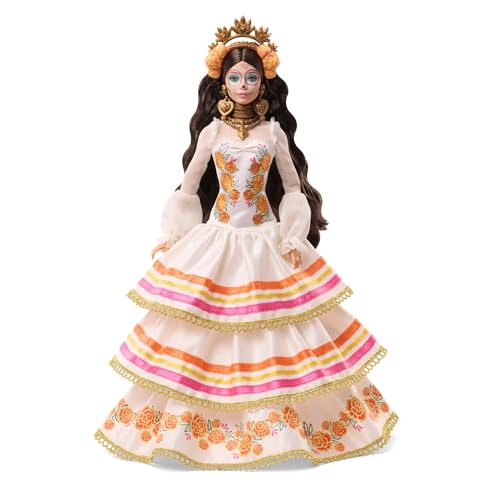 Barbie Signature Puppe, Día De Muertos 2025, Sammelfigur mit cremefarbenem Rüschenkleid mit Studentenblumen und Schleifen, Blumenkranz im Haar und Calavera-Gesichtsbemalung, JBJ05 Barbie Signature Puppe, Día De Muertos 2025, Sammelfigur mit cremefarbenem Rüschenkleid mit Studentenblumen und Schleifen, Blumenkranz im Haar und Calavera-Gesichtsbemalung, JBJ05 von Barbie