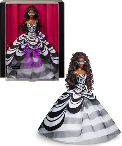 Barbie Signature-Puppe, Sammelfigur zum 65. Jubiläum mit braunen geflochtenen Haaren, schwarz-weißer Robe, Saphirohrringen und Sonnenbrille, HRM59 von Barbie