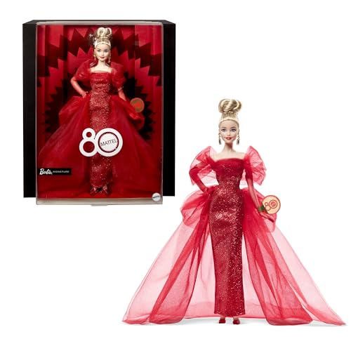 Barbie Signature Puppe, Sammelfigur zum 80. Jubiläum von Mattel in glitzerndem rotem Tüllkleid mit tropfenförmigen Ohrringen und hauchzarten Handschuhen, Blondes Haar, JBJ17 Barbie Signature Puppe, Sammelfigur zum 80. Jubiläum von Mattel in glitzerndem rotem Tüllkleid mit tropfenförmigen Ohrringen und hauchzarten Handschuhen, Blondes Haar, JBJ17 von Barbie