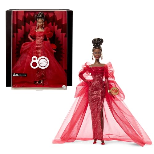 Barbie Signature Puppe, Sammelfigur zum 80. Jubiläum von Mattel in glitzerndem rotem Tüllkleid mit tropfenförmigen Ohrringen und hauchzarten Handschuhen, brünett, JBJ18 von Barbie