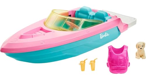 Barbie Speedboat, rosa Schwimmweste, rosa, blaues und weißes Boot, Welpe, Accessoires, Puppen, Geschenk für Kinder, Spielzeug ab 3 Jahre,GRG29 von Barbie