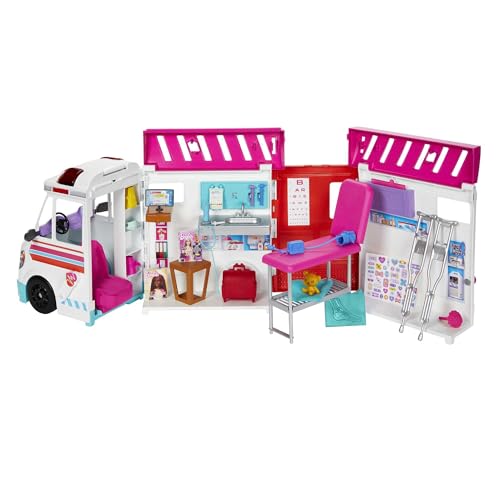 Barbie-Spielzeug, umbaubarer Krankenwagen und Klinik Spielset mit Licht, Geräuschen und mehr als 20 Zubehörteilen, 2-in-1-Krankenwagen, HKT79 von Barbie