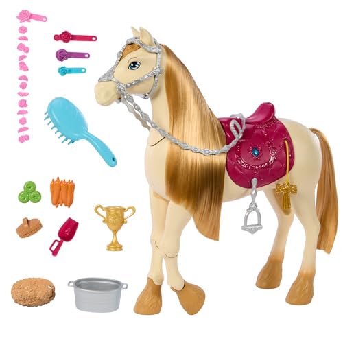 Barbie Spielzeugpferd mit Geräuschen, Musik und Zubehör, inspiriert von Barbie Das geheimnisvolle Pferdeabenteuer, Pferd kann sich bewegen, tanzen und mit den Augen blinzeln, HXJ42 von Barbie