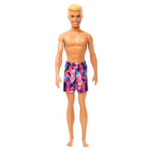 Barbie Beach Ken Puppe mit blondem Haar trägt lila Badeanzug, Barbie Pool und Strandspielzeug von Barbie