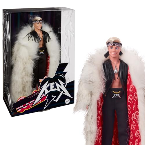 BARBIE THE MOVIE Ken - Puppe Sammlerstück, schwarze Kutte, Fransen, fingerlose Handschuhe, KEN-Gürteltasche, zotteliger Kunstpelz-Mantel, Bandana, Hose mit Blitzmuster, in Filmverpackung, HRF31 BARBIE THE MOVIE Ken - Puppe Sammlerstück, schwarze Kutte, Fransen, fingerlose Handschuhe, KEN-Gürteltasche, zotteliger Kunstpelz-Mantel, Bandana, Hose mit Blitzmuster, in Filmverpackung, HRF31 von Barbie