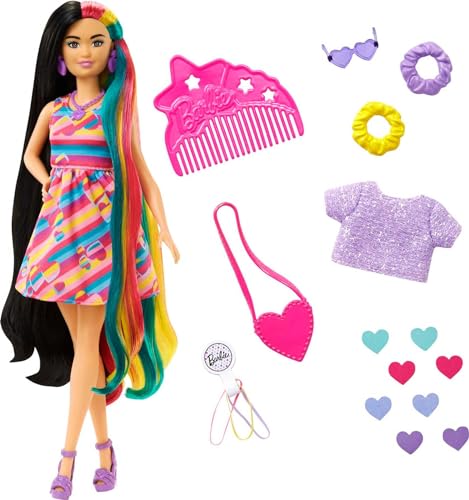 Barbie Totally Hair, Puppe mit schwarzem, blau-grünem & gelbem Haar, farbenfrohes Herzkleid, farbwechselnde Haarspangen, Haarschmuck, Accessoires, 15+ Teile, als Geschenk geeignet,HCM90 von Barbie