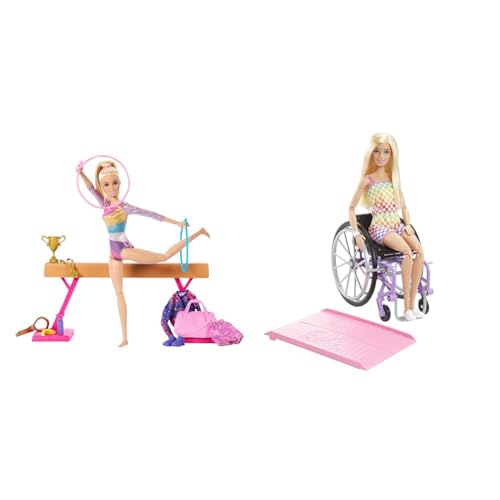Barbie Turnspaß -Spielset mit Schwebebalken und über 10 thematisch passenden Teilen & Fashionista-Puppe, Rollstuhl mit blonden Haaren und Regenbogen-Jumpsuit von Barbie