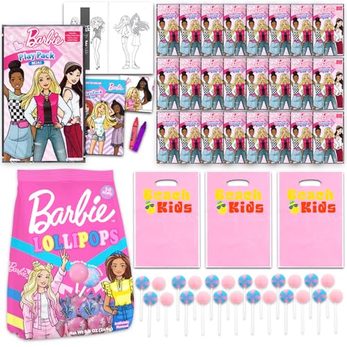 Barbie Ultimatives Party-Set ~ 24-teiliges Gästeset mit Mini-Malbuch, Goodie-Taschen und 50 einzeln verpackten Lutscher-Saugnäpfen, Barbie Birthday-Partyzubehör für Kinder, Mädchen von Barbie