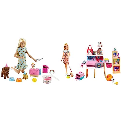 Barbie Welpenparty, Barbiepuppe mit blonden Haaren, GXV75 Pet Salon, 1x Puppe mit blonden Haaren, GRG90 von Barbie