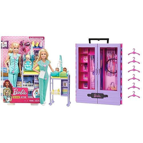 Barbie You Can Be Anything Serie, Baby Doctor & HJL65 - Ultimativer Kleiderschrank (lila/rosa) mit Tragegriff zum Mitnehmen von Barbie