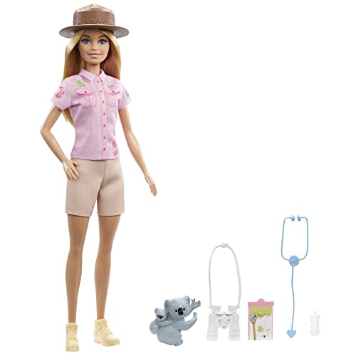 Barbie You Can Be Anything Serie, Zoologe, Puppe mit blonden Haaren, Koala, Fernglas, Stethoskop, Accessoires, Geschenk für Kinder, Spielzeug ab 3 Jahre,GXV86 von Barbie