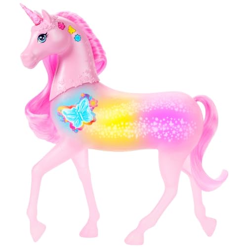 Barbie funkelnd leuchtendes Einhorn mit 20 interaktiven Kombinationen aus Lichteffekten, Geräuschen und Musik, zum Spielen Knöpfe drücken und Kopf streicheln,JCP78 von Barbie