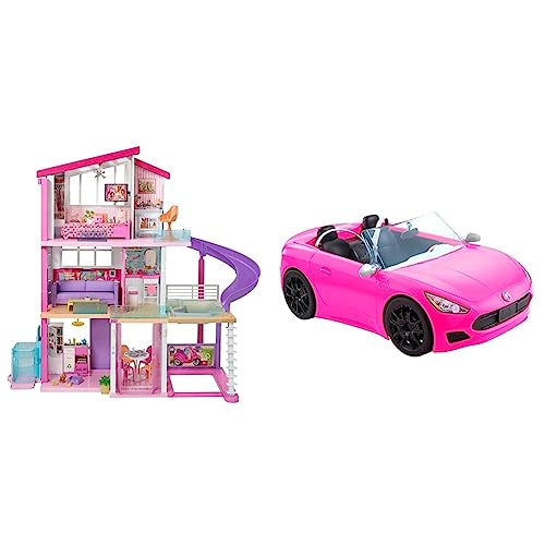 Bundle aus Barbie Traumhaus mit 3 Etagen, 8 Zimmern, Pool mit Rutsche und Zubehör, ca. 116 cm hoch mit Lichtern und Geräuschen + Barbie Cabriofahrzeug, rosa mit rollenden Rädern, 2 Sitzer von Barbie