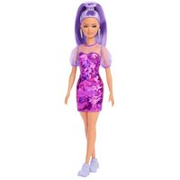 MATTEL HBV12 Barbie Fashionistas-Puppe, zierlich, lange, violette Haare und violettes Metallic-Kleid von Barbie
