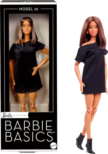 Barbie Basics-Modell 1, Sammlerpuppe mit brünetten Haaren, schwarzem Minikleid und Schuhen, Mode in universeller Passform, beweglichem Körper und austauschbarem Kopf, JBH72 von Barbie