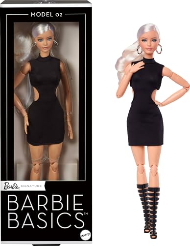 Barbie Basics-Modell 2, Sammlerpuppe mit blonden Haaren, schwarzem Minikleid und Gladiatorstiefeln, Mode in universeller Passform, beweglichem Körper und austauschbarem Kopf, JBH71 von Barbie