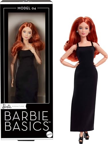 Mattel Barbie Basics-Modell 4, Sammlerpuppe mit roten Locken, schwarzem Minikleid und Stiefeln, Mode in universeller Passform, beweglichem zierlichen Körper und austauschbarem Kopf, JBH74 von Barbie