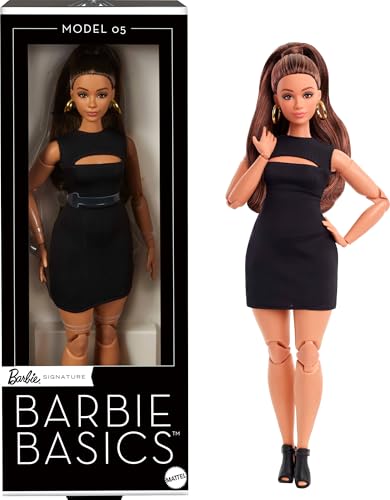 Barbie Basics-Modell 5, Sammlerpuppe mit brünetten Haaren, schwarzem Minikleid und Absatzschuhen, Mode in universeller Passform, beweglichem Körper mit weiblichen Rundungen, JBH73 von Barbie