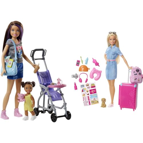 Barbie Mattel FJB00 Skipper Babysitters Inc. Puppen und Kinderwagen Spielset & FWV25 Travel Puppe (blond) und Zubehör von Barbie